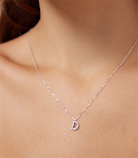 Diamond Initial Necklace 14K Solid White Gold Diamond Letter Necklace