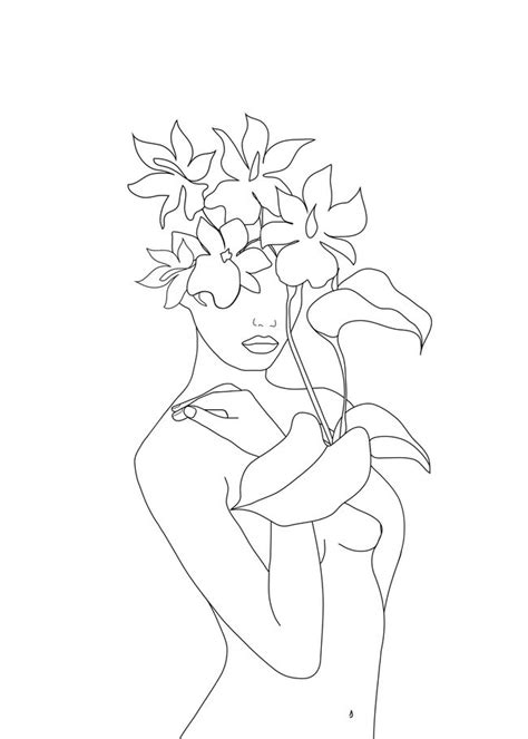 Minimal Line Art Woman With Flowers V Mini Art Print By Nadja Without