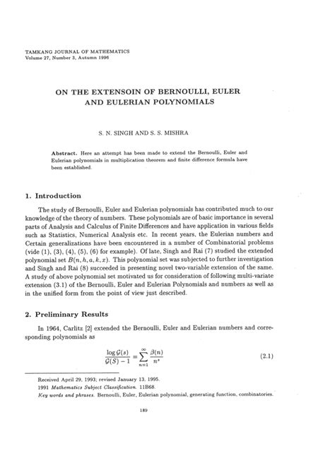 Pdf On The Extension Of Bernoulli Euler And Eulerian Polynomials
