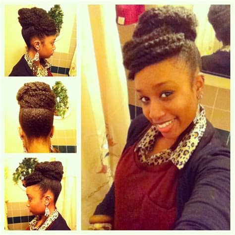 A celebration of beautiful hair, skin and bodies.~simply beautiful. Faux bun with bangs Achieved with Marley braiding hair ...