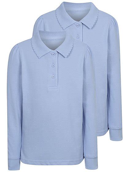 Girls School 2 Pack Long Sleeve Scallop Polo Shirts Light Blue