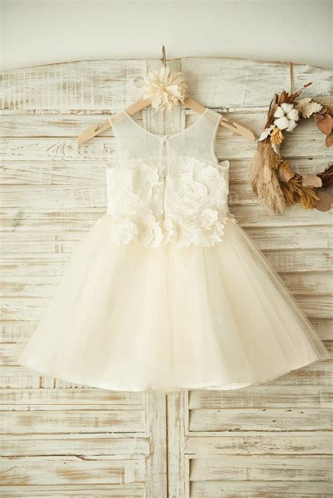 Sheer Neck Ivory Lace Champagne Tulle Wedding Flower Girl Dress