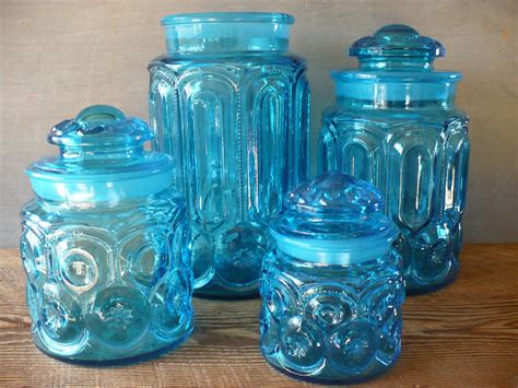 Blue Glass Canister Set L E Smith Moon And Stars Four Piece Canister Set Vintage Blue Jars