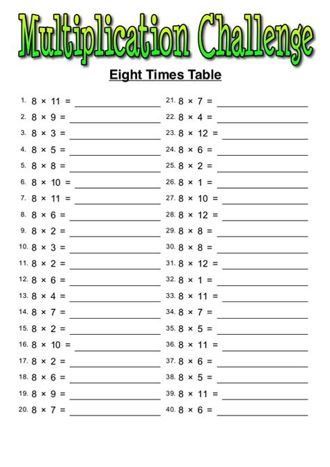8 Times Table Practice Worksheets