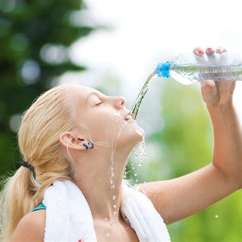 Woman Drinking Water After Exercise Stock Photo Image Of Caucasian