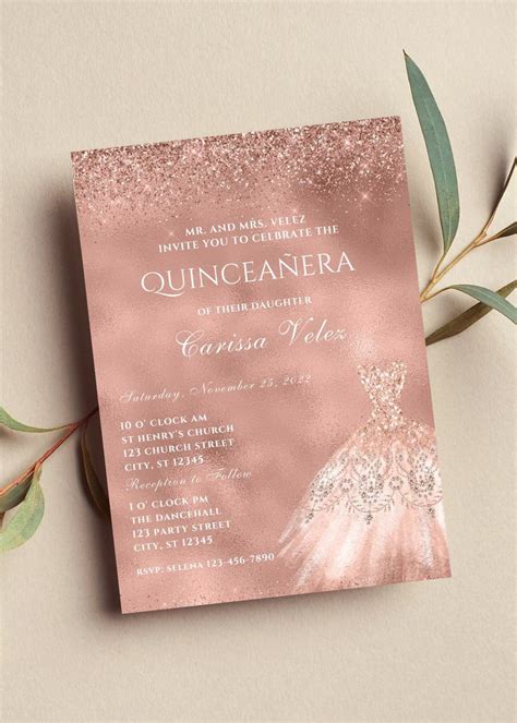 Editable Rose Gold Quinceañera Invitation Mis Quince Anos Glam