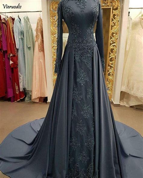 Muslim Long Sleeves Evening Dress High Neck A Line Prom Dress Lace