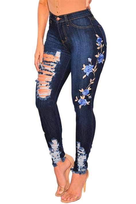Stylish Dark Denim Embroidered Floral Destroyed High Waist Skinny Jeans