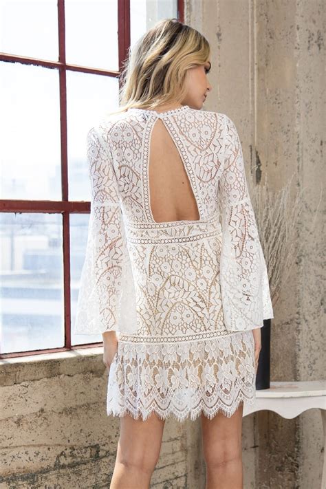 Romantic White Lace High Neck Dress With Bell Sleeve Alternate Route Outfitters