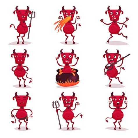 Premium Vector Funny Red Devils With Horns And Tails Set Demon