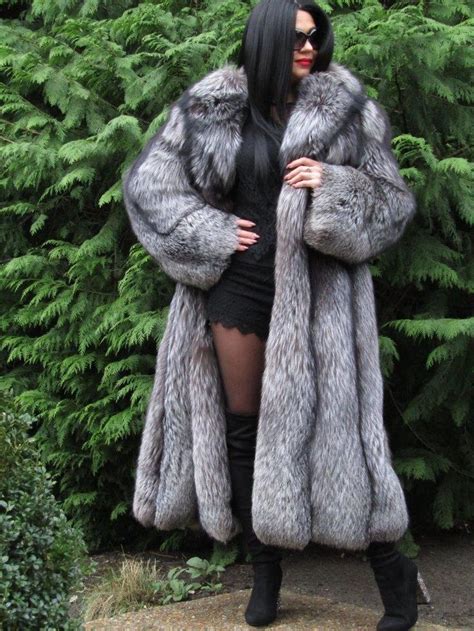 New Luxury Saga Silver Fox Fur Swing Coat Jacket Large Hood Full Length