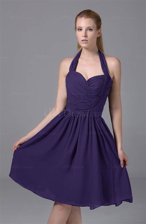 Royal Purple Modest Halter Sleeveless Chiffon Knee Length Ruching Party Dresses
