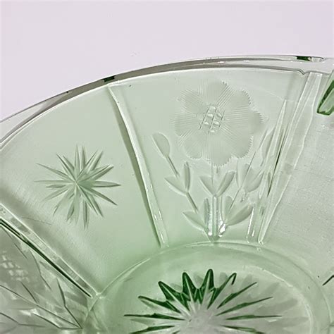 Vintage Green Depression Glass Handled Glass Dish With Floral Etching 1940s