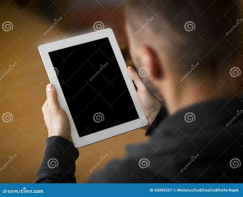 Man Holding A Tablet With Blank Screen Stock Image Image Of Adult