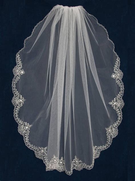 Wedding Veil With Silver Beaded Embroidery Lace Design Scallop 45 Long