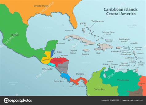 Caribbean Islands Central America Map State Names Card Colors Vector