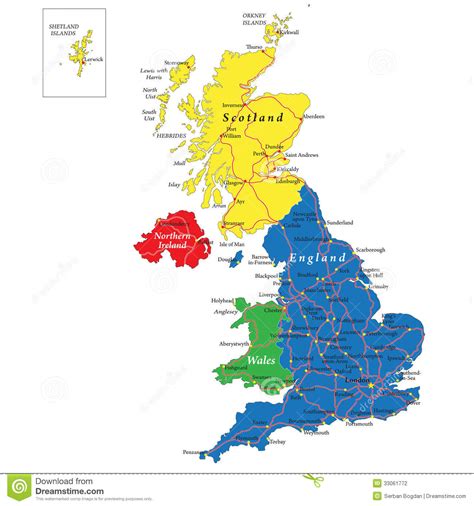 The official name of uk is the 'united kingdom of great britain and northern ireland.' this map of britain notes the primary cities in britain, including london, edinburgh, cardiff, aberdeen, dundee, glasgow, newcastle, leeds. England, Scotland, Wales And North Ireland Map Stock ...
