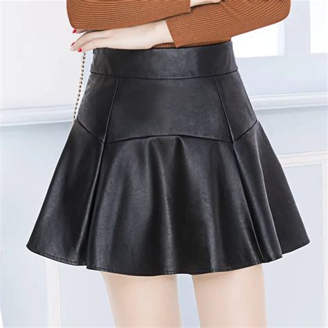 2016 autumn winter women fashion korean sexy pleated skirt splice high waist black pu leather