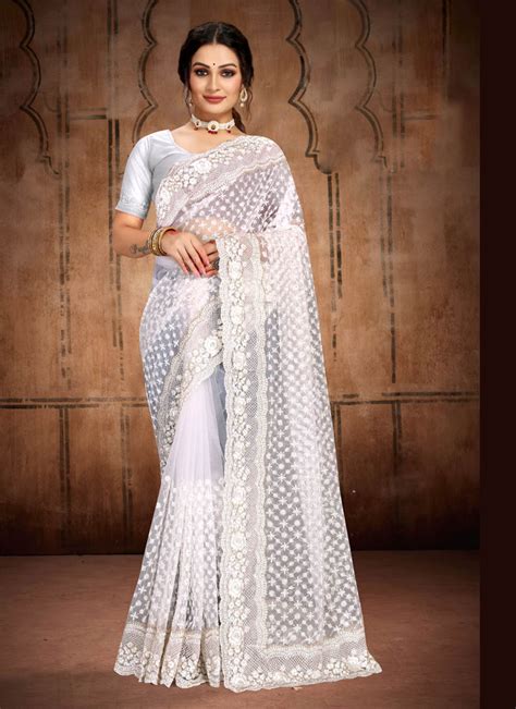 Buy Wedding Wear White Zarkan Work Net Saree Online From Surat Wholesale Shop