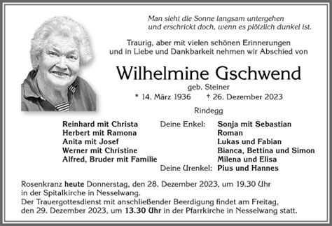 Traueranzeigen von Wilhelmine Gschwend Allgäuer Zeitung