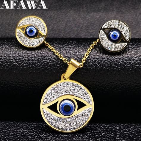 Full Crystal Evil Eyes Jewelry Sets Blue Eye Stainless Steel Statement