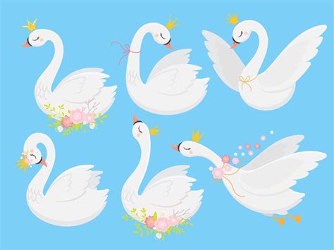 Cute Princess Swan Beautiful White Swans In Gold Crown Cartoon Goose