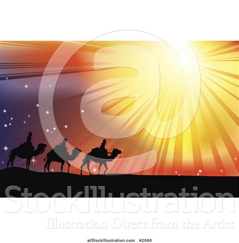 Vector Illustration Of Three Wise Men Following The Star Of Bethlehem In The Desert By