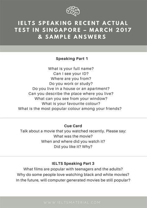 In part 1 of ielts speaking you will first be asked 3 questions about work/study/living area. IELTS Speaking Recent Actual Test in Singapore - March ...