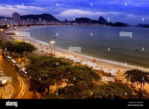 Copacabana And Sugar Loaf Hill At Night Rio De Janeiro Brazil Stock