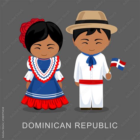 Dominicans In National Dress With A Flag Man And Woman In Traditional