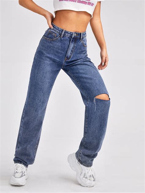 Ladies High Waist Slant Pocket Ripped Straight Denim Blue Jeans Size Xs