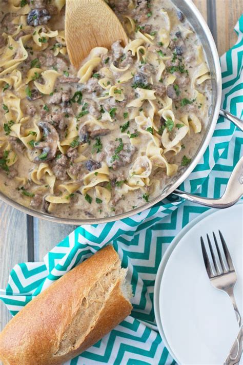 Beef stroganoff requires good beef steak (fillet for preference), fresh mushrooms, butter, onion, garlic, brandy, sour cream and perhaps a bit of red wine, lemon as for beef stroganoff, this was the original recipe, with sauteed mushrooms and bechamel. ground beef cream of mushroom soup