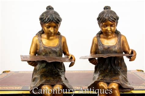 Pair Bronze Seated Reading Girl Statues Child Sculpture Lifesize