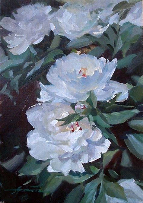 A Painting Of White Flowers With Green Leaves
