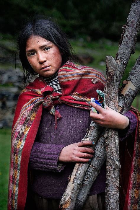 Girl In Peru Collecting Firewood For Her Adobe Home Indigenous