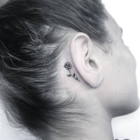 Single Needle Tattoo Behind The Right Ear Behind Ear Tattoos Rose Tattoo Behind Ear Single