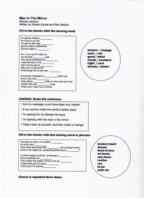 Song Worksheet Man In The Mirror By Michael Jackson