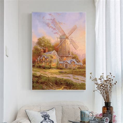 Home Decor Abstract Oil Painting Stone House Windmill