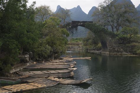 Dragon Bridge At Li River China With Bamboo Boats Stock Image Image