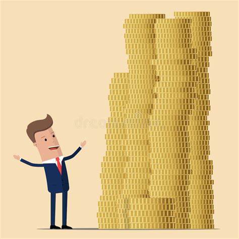 Vector Illustration Of Businessman Proudly Standing Near With Pile Of