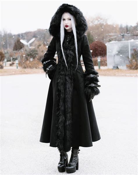 Black Gothic Fur Winter Warm Long Hooded Coat For Women Gothic Outfits Long Hooded Coat