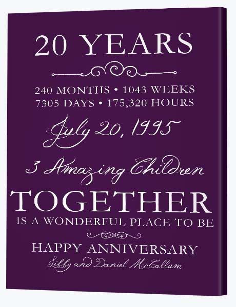 The traditional gift marking the 20th wedding anniversary is china, which is both delicate and vigorous, just like your marriage of 20 years. 20th Wedding Anniversary Gifts | Canvas Factory