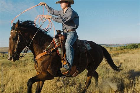 Cowboy Swinging Rope While Galloping Horseback Through Field By Tana