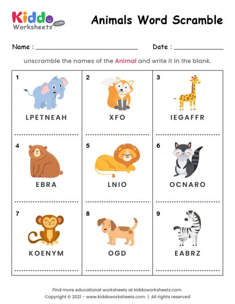 Free Printable Word Scramble Animals Worksheet Kiddoworksheets