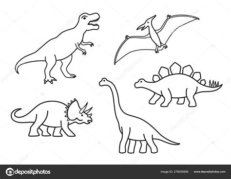 Vector Outline Dinosaurs T Rex Brachiosaurus Pterodactyl Triceratops Stegosaurus Cute