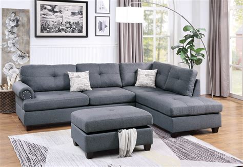 Blue Grey Reversible L R Sectional Sofa Set Polyfiber Cushion Chaise Sofa Ottoman Couch Living