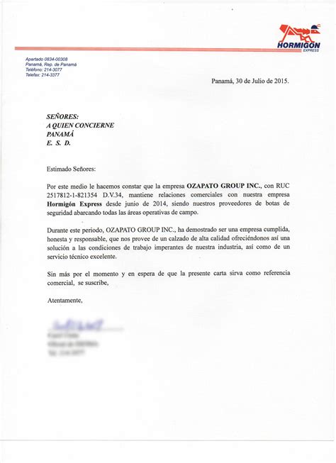 Carta De Referencia Hormigón Express Ozapato 1 Ozapato Panama