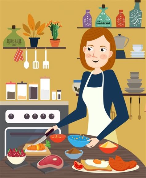 Cooking Painting Housewife Cuisine Preparation Kitchenware Icons Vectors Graphic Art Designs In