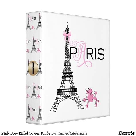 Pink Bow Eiffel Tower Paris France Poodle 3 Ring Binder