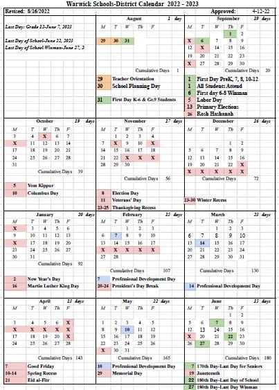 Calendar And Schedules Warwick Public Schools